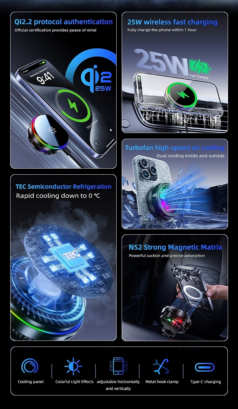 Caricabatterie wireless magnetico da 25 W e sistema di raffreddamento per telefono, radiatore di raffreddamento a semiconduttore TEC con luce RGB, ventola di raffreddamento a ricarica rapida compatibile con iPhone 17/16/15/14/13, MagSafe, Android del 2026 a $35.99 –P2