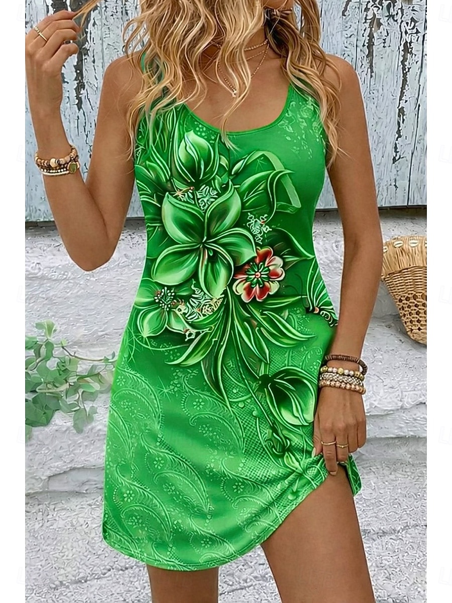 Dam Mini klänning Solklänning A linjeklänning Sommarklänning Semester Ledigt Boho Strand Fest Bröllop Smal Blommig Grafisk Ärmlös U-hals Blå Gul Rodnande Rosa Rubinrött Sommar Vår 2026 - $8.99 –P6