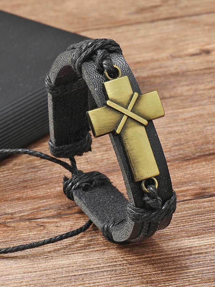 Herrarmband med bohemiskt kors i läder, äkta läder och legering, vintage-stil, justerbar längd, svart och brunt, perfekt för utomhusresor, vardagsbruk och fritidsbruk 2026 - $7.99 –P6
