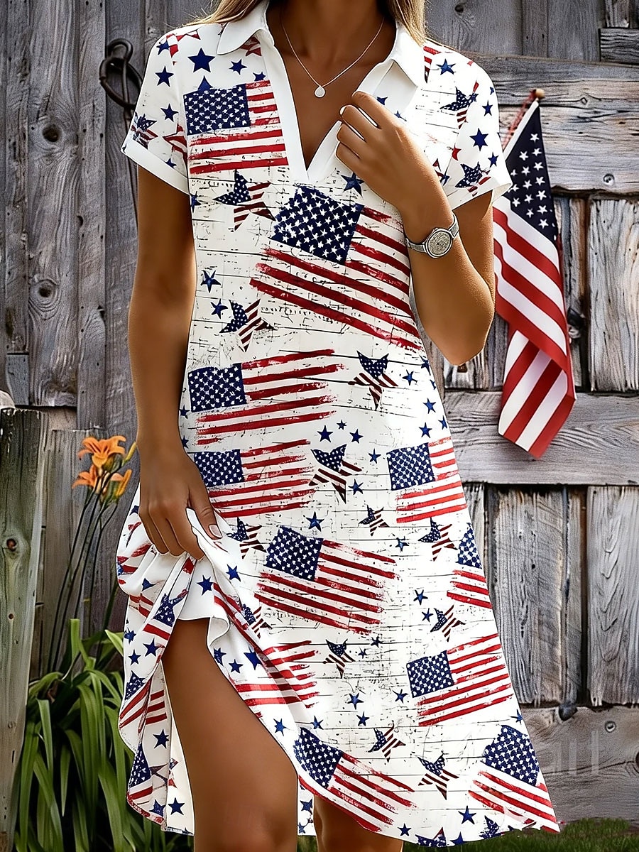 Amerykański Dzień Niepodległości Damskie Sukienka do kolan Sukienka A line Urlop Codzienny Styl plażowy Plaża Regularny Graficzny Flaga Krótki rękaw W serek Niebieski Czarny Biały Czerwony Lato Wiosna 2026 - $29.99 –P1