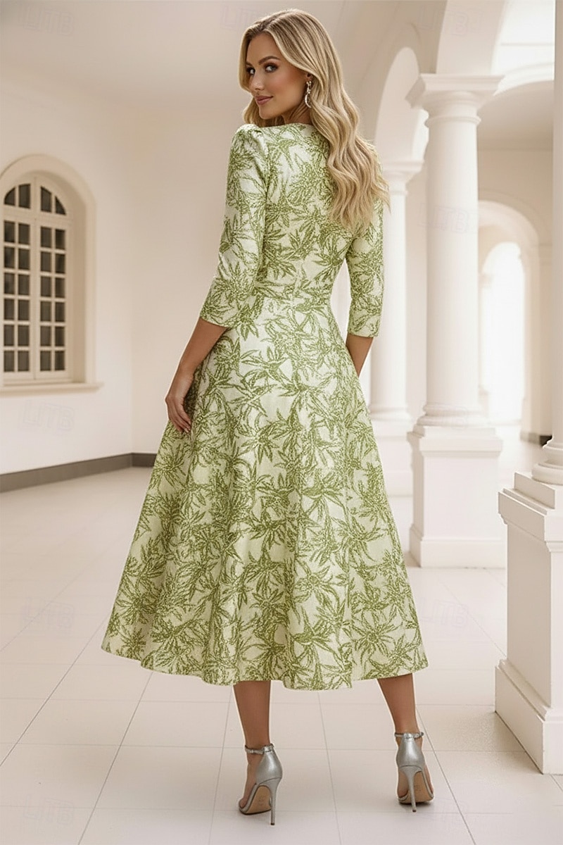 Corte A Vestido Midi Vestido formal Vestidos de coctel Elegante Manga 3/4 Escote en Pico Boda Formal Jacquard con Lazo(s) Plisado 2026 - $154.79 –P3