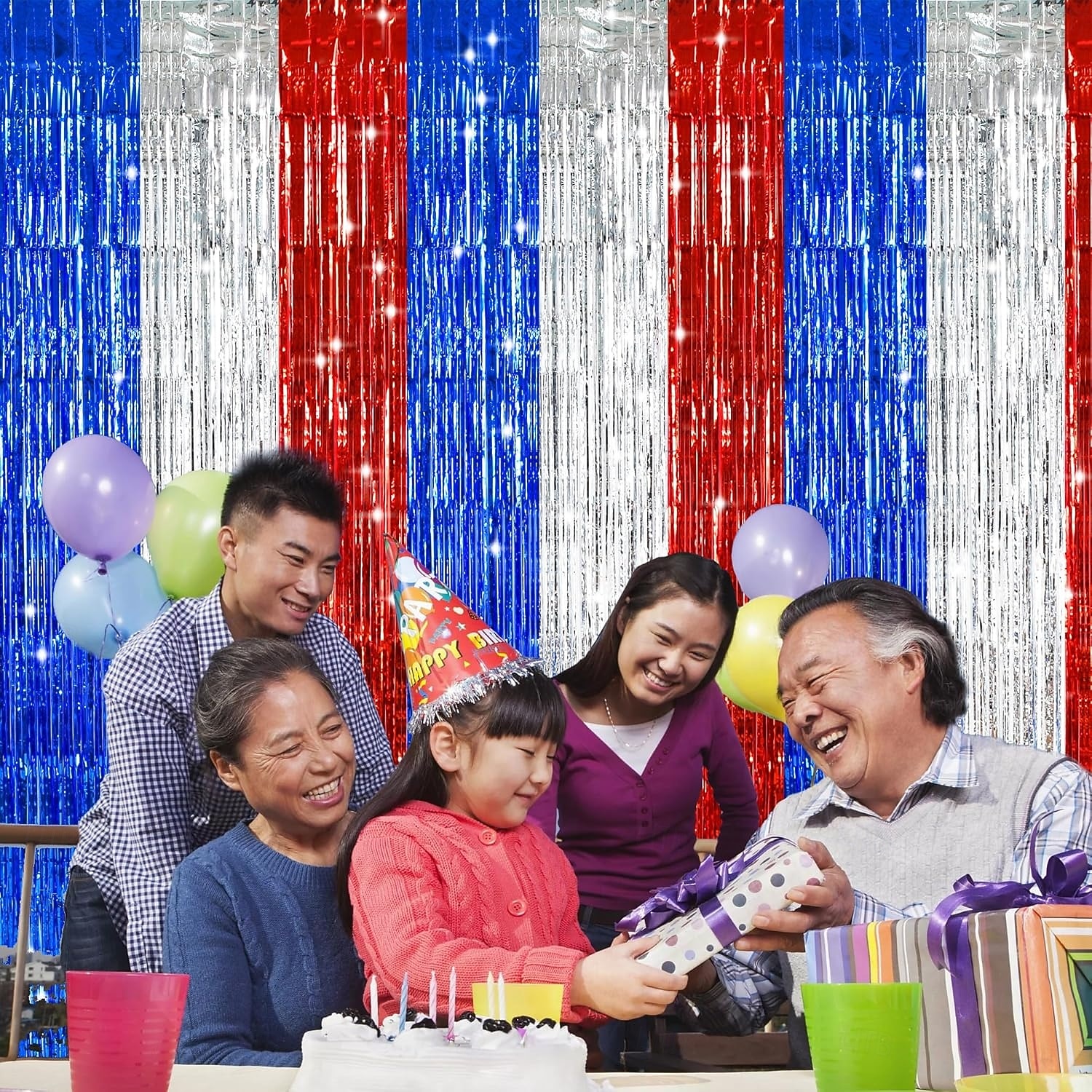 2-pack patriotiska glitterfoliefransgardiner, röda vita och blå 4 juli-dekorationer för självständighetsdagen, bakgrund för fotobås, metalliska dörrstrippar till fest, Memorial Day, Labor Day 2026 - $15.99 –P6