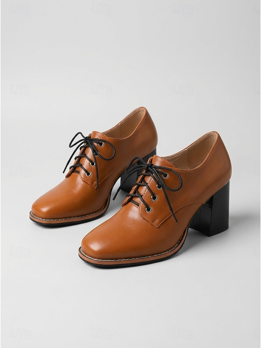 Vintage-Oxford-Pumps für Damen in Braun – klassische Schnürschuhe mit Blockabsatz und Brogue-Details, ideal fürs Büro und für die Schule. &Freizeitoutfits 2026 - $46.99 –P2