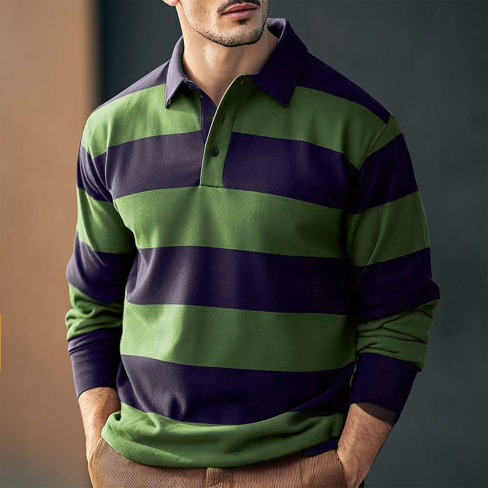 Per uomo Strisce orizzontali Polo da rugby Manica Lunga Magliette polo Camicie con Colletto Casual All'aperto Scuola Athleisure Stampa 3D Primavera Autunno Inverno Marrone Verde Verde militare del 2026 a $31.99 –P3