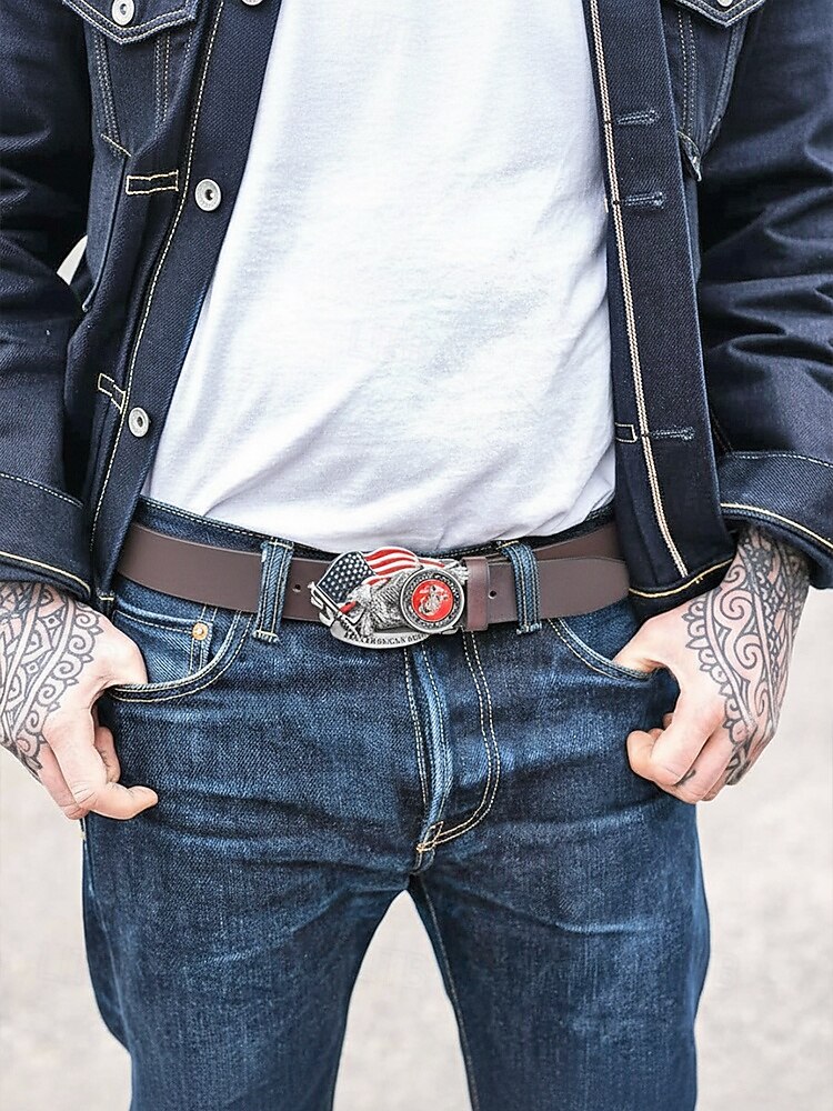 حزام رجالي من الجلد الطبيعي بتصميم العلم الأمريكي، متوفر بأحجام متعددة، بتصميم وطني، مثالي للاحتفال بالذكرى السنوية الـ 250 للولايات المتحدة، ويوم الاستقلال، وللارتداء اليومي والأنشطة الخارجية غير الرسمية. 2026 - $24.99 –P3
