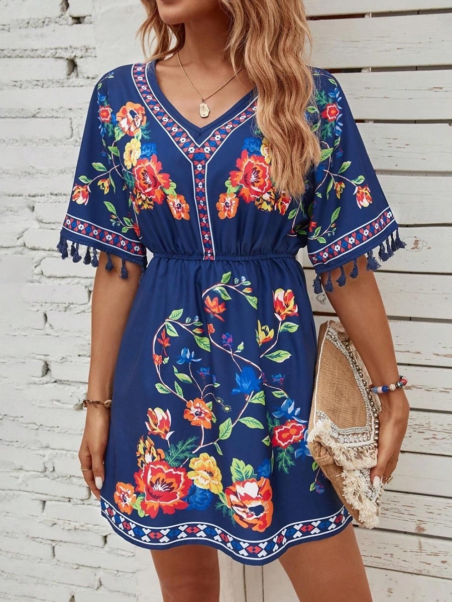 Dames Mini-jurk Boho-jurk Casual jurk Bloemetjesjurk Elegant Modieus Modern Buiten Vakantie Uitgaan Normale pasvorm Bloemig Korte mouw V-hals blauw Zwart Wit Zomer Lente 2026 - E£1924.54 –P11