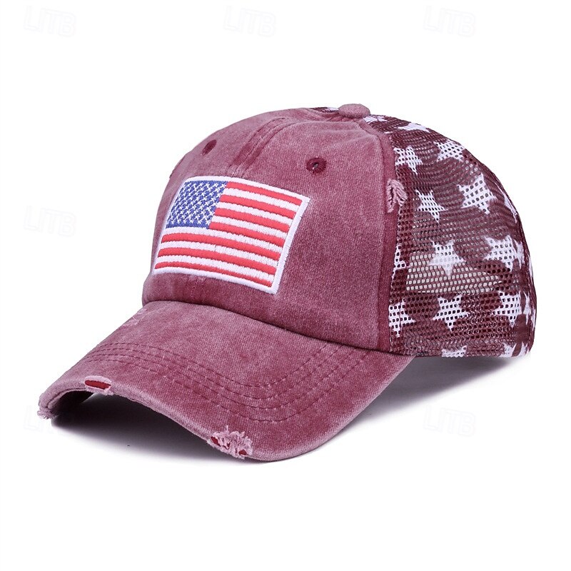 Cappellino da baseball patriottico in cotone lavato con stella della bandiera americana ricamata, cappellino da camionista vintage effetto invecchiato con rete per uomo e donna, 4 luglio, giorno del 2026 a $16.99 –P10