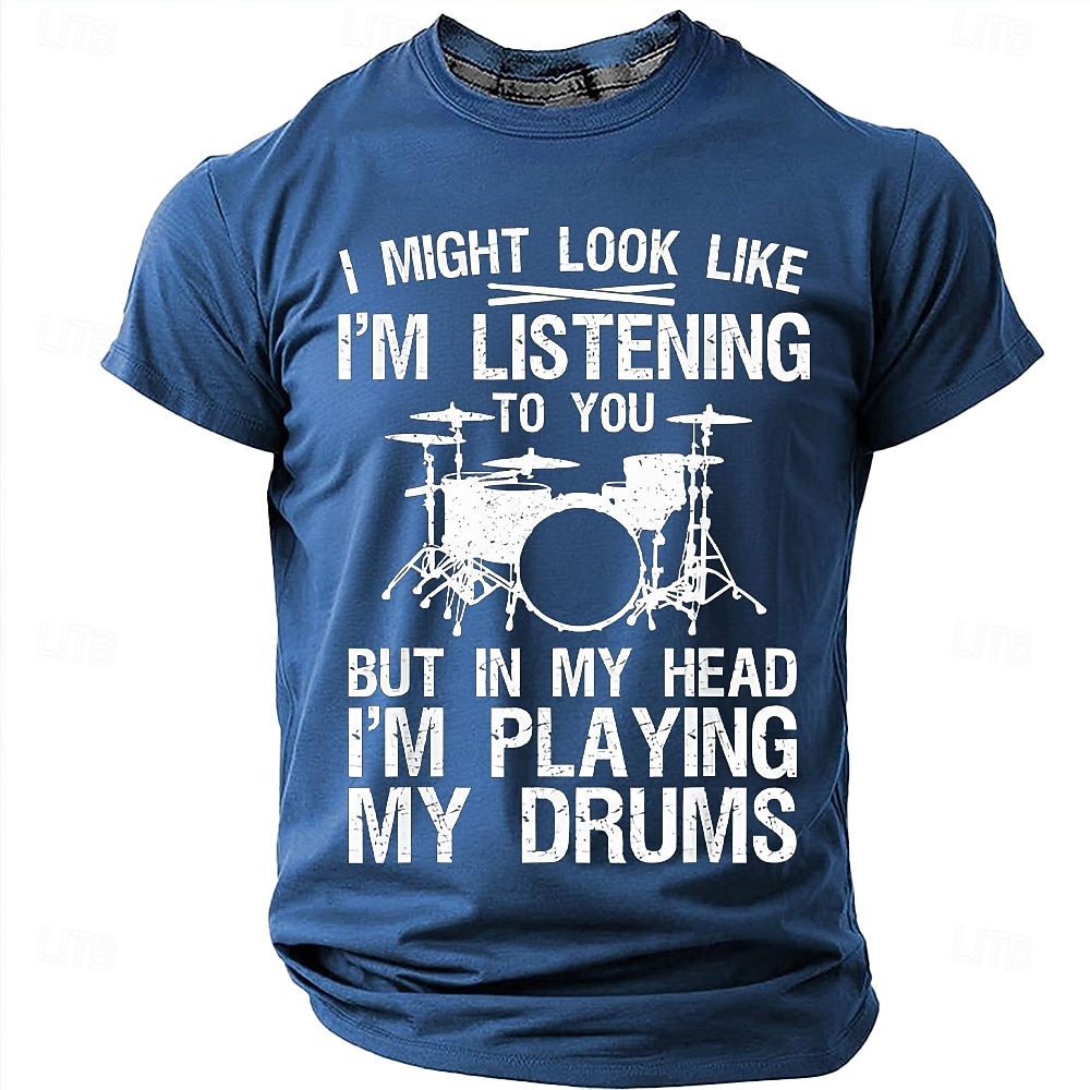 Men's "In My Head I'm Playing My Drums" Funny Drummer Graphic T-Shirt Percussionist Joke Quote Tee Musician Gift Band Practice Gear Distressed Style Casual Short Sleeve Apparel S-3XL 2026 - $21.99 –P9