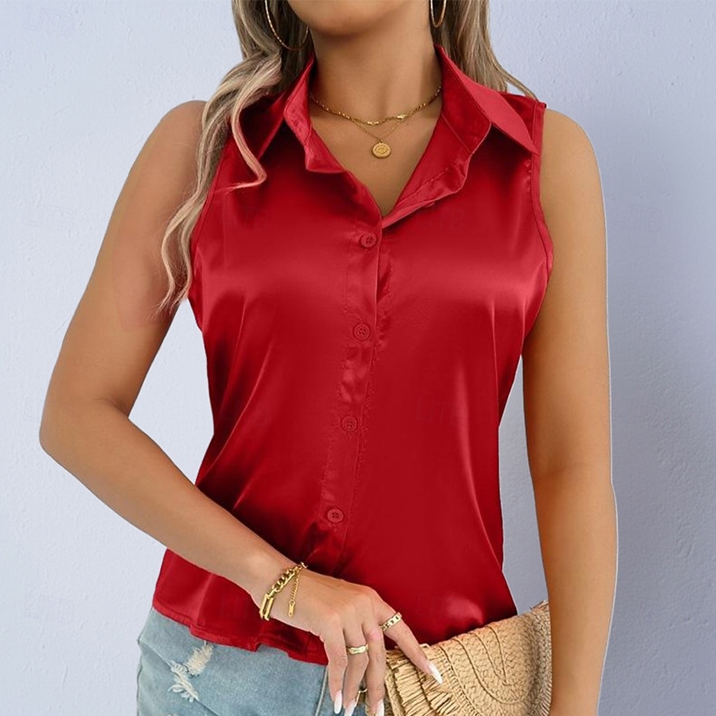 Women's Shirt Satin Blouse Dress Shirt Button Up Shirt Solid Color Plain Elegant Fashion Casual Sleeveless Turndown Regular Tops Daily Office Work Black White Yellow Red Purple Summer Spring Fall 2026 - $24.99 –P7
