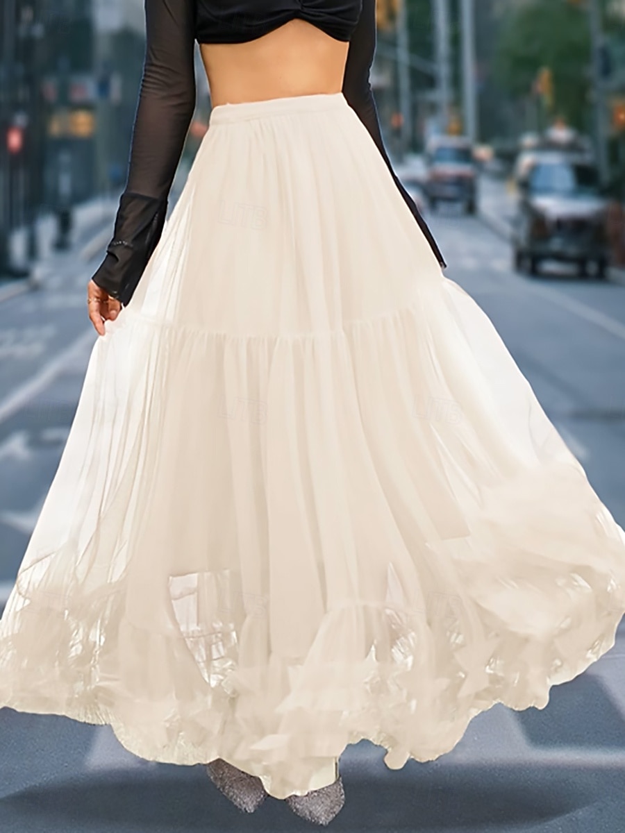 Women's Vacation Skirt Elegant Fashion Cute Casual Maxi Mid Rise Skirts Plain Elastic Waist Layered Mesh Micro-elastic Daily Vacation Apricot Black Pink Wine Summer 2026 - $29.99 –P6
