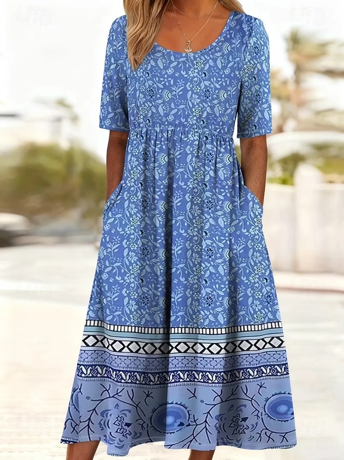 Damen Midikleid Sommerkleid Urlaub Lässig Boho Täglich Strand Normale Passform Blumen Halbarm Rundhalsausschnitt Blau Rote Dunkelblau Beige Sommer Frühling 2026 - $32.99 –P6