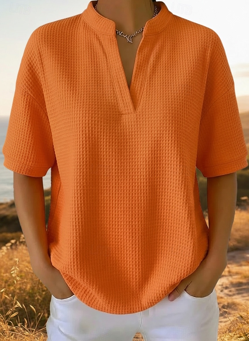 Femmes Chemise gaufrée T-shirt Tops en tricot gaufre Uni Élégant Classique Moderne Manche Courte Col en V Hauts Réguliers Quotidien Fête Sortir Blanche Orange Vert Bleu clair Noir Été Printemps de 2026 ? $26.99 –P3