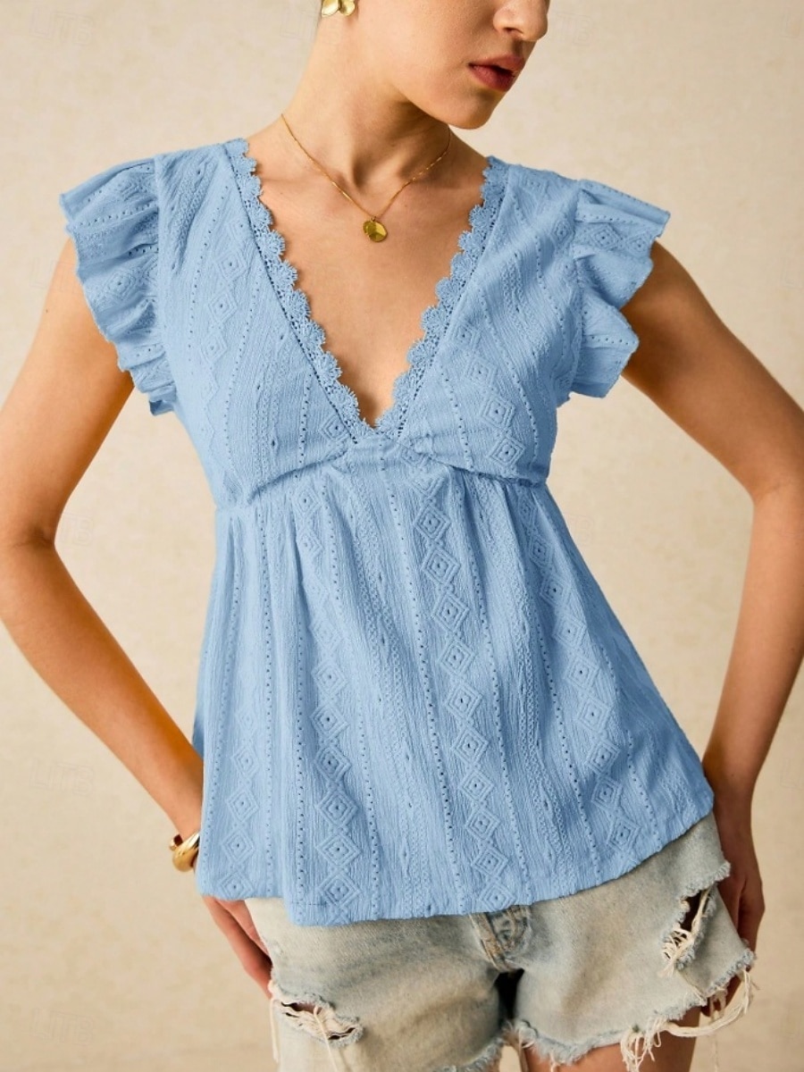 Damskie Bezrękawnik Falbana Oczko Równina Moda Elegancki Klasyczny Bez rękawów W serek Zwykłe topy Codzienny Wyjściowe Weekend Czarny Biały Kawowy Jasnoniebieski Lato Wiosna 2026 - $25.99 –P14