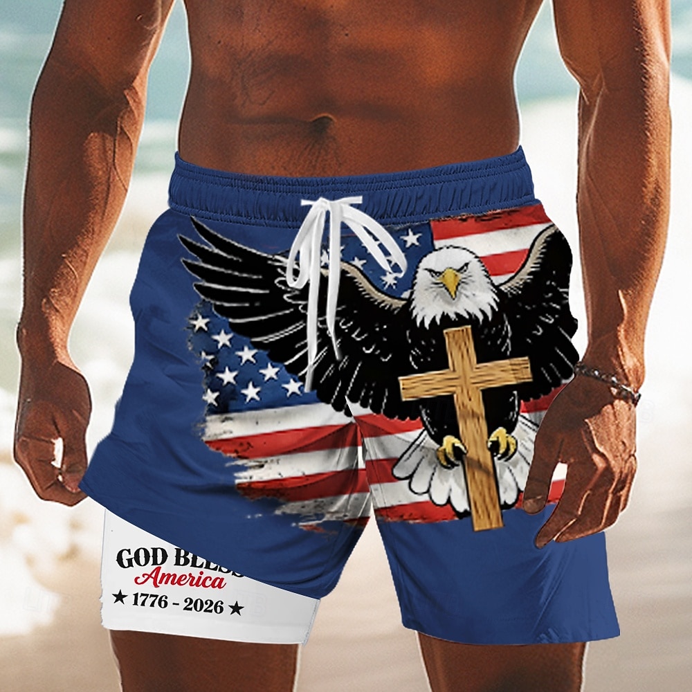 Herr 4 juli USA:s 250-årsjubileum Örn USA: s flagga Fodrade shorts 2 i 1 simshorts Badshorts Medium Midja Patriotisk Helgdag Sidfickor Med kompressionsfoder Elastisk dragsko i midjan Designer Kläder 2026 - $22.99 –P2