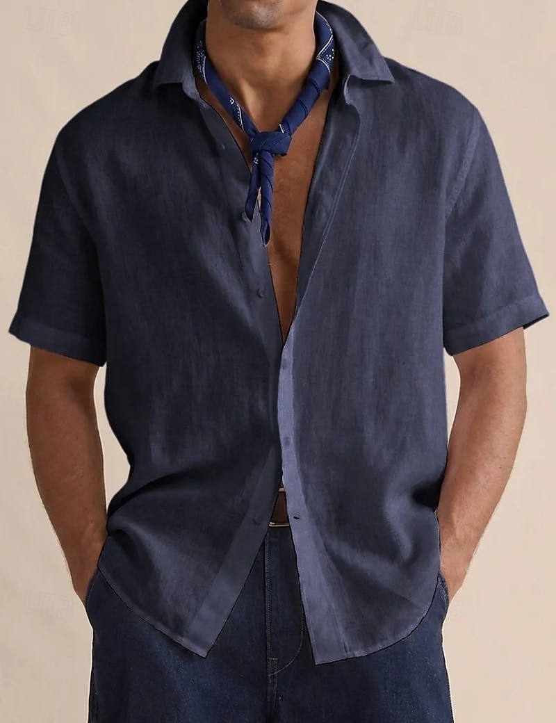 Men's Shirt Linen Shirt Button Up Shirt Solid Color Vacation Street Black White Yellow Light Green Short Sleeve Shirt Collar Summer Spring Clothing Apparel Buttons 2026 - $22.99 –P7