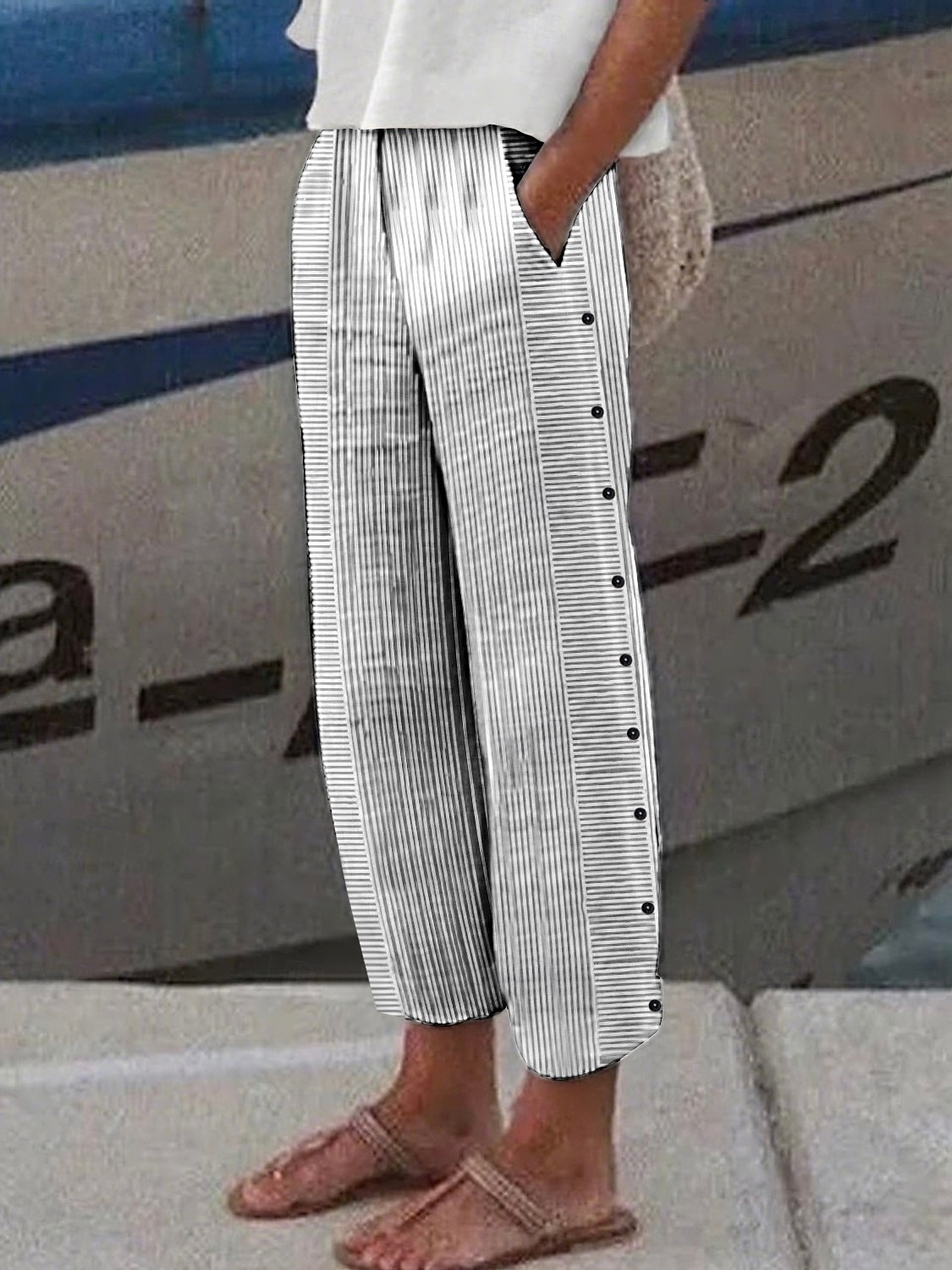 Women's Cotton Pants Tapered pants Chinos Cropped Pants Fashion Streetwear Ankle-Length High Waist Striped Pocket Elastic Waistband Comfy Soft Comfortable Outdoor Street rice white Black Pink Green 2026 - $12.99 –P1