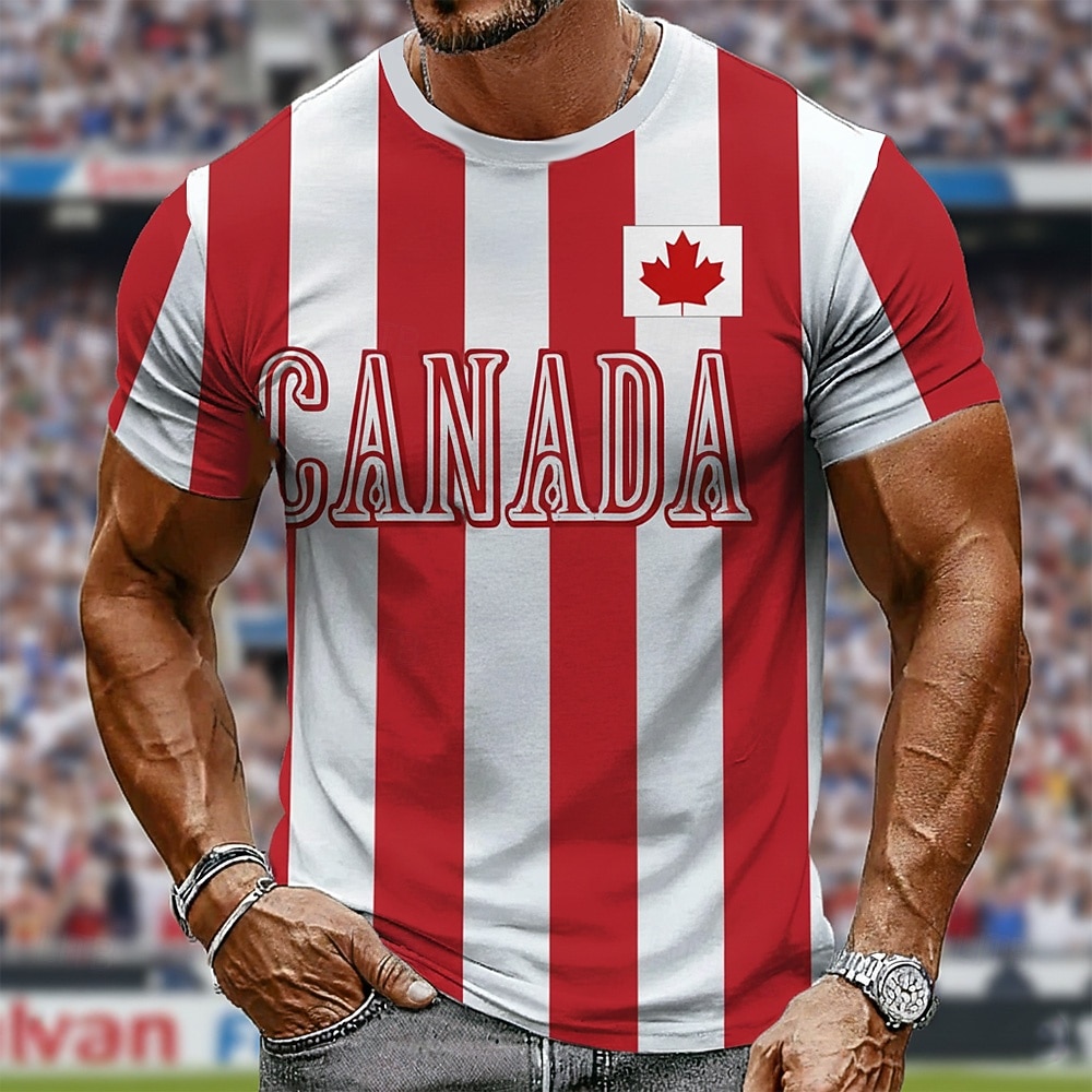 Camiseta masculina casual de manga curta, estampa da seleção canadense de futebol de 2026, com listras verticais vermelhas e brancas e a inscrição "Canada". Modelagem justa, ideal para torcedores em de 2026 por $21.99 –P1