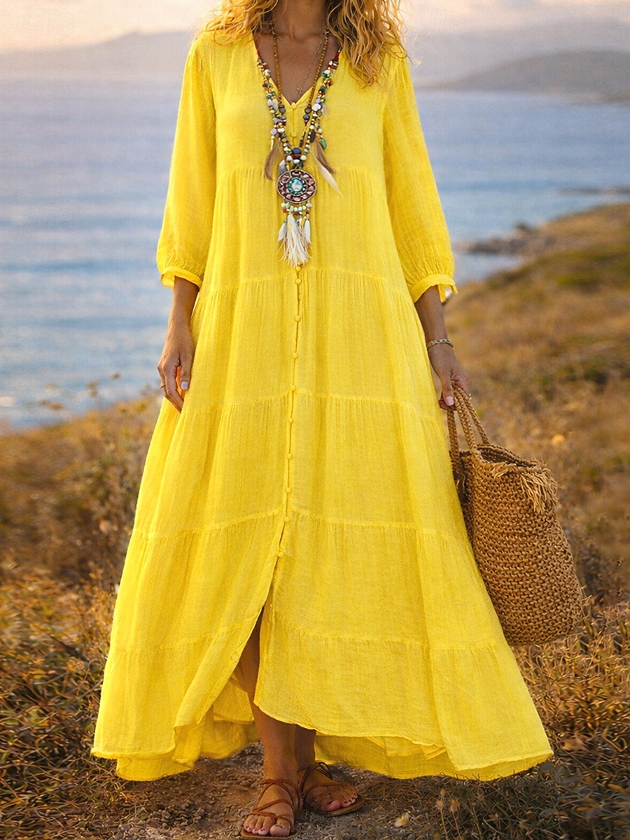 Femmes Robe Maxi Robe maxi Robes effet lin Robe Chemise Robe d'Été Robe Caftan Vacances Basique Moderne Quotidien Week-end Coupe Ample Uni Manche 3/4 Col en V Bleu Blanche Jaune Été Printemps de 2026 ? $34.99 –P3