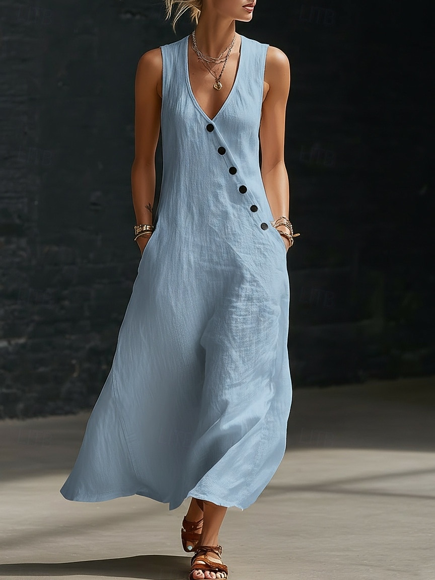 Robe longue en coton et lin pour femme, robe d'été, robe trapèze, robe cintrée et évasée, robe de vacances décontractée, style bohème, robe de plage décontractée, robe de soirée ample, robe unie sans de 2026 ? $24.99 –P9