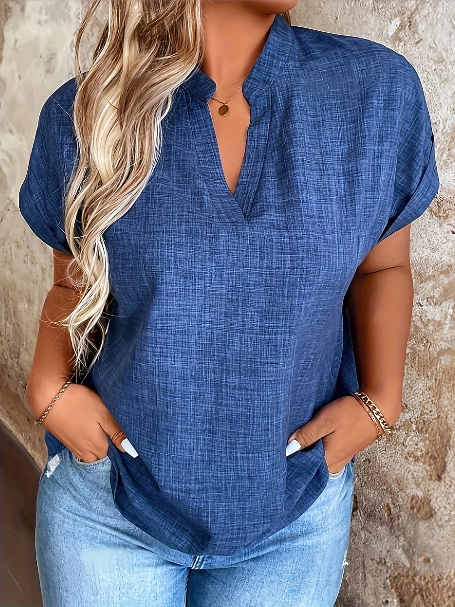 Dame Skjorte Bluse عادي Årgang Klassisk Moderne Kortermet V-hals Vanlige topper Daglig Ferie Ut på byen Blå Sommer Vår 2026 - $18.49 –P1