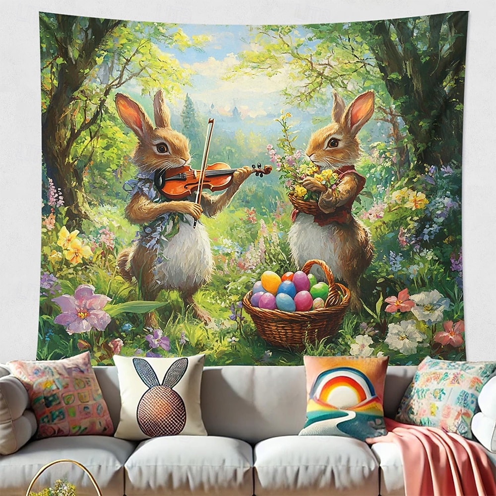 Easter Cute Bunnies Playing Violin Spring Garden Colorful Eggs Basket Flowers Oil Painting Style Wall Tapestry Wall Hanging Living Room Kids Bedroom Home Decor Party Backdrop 2026 - $20.99 –P1