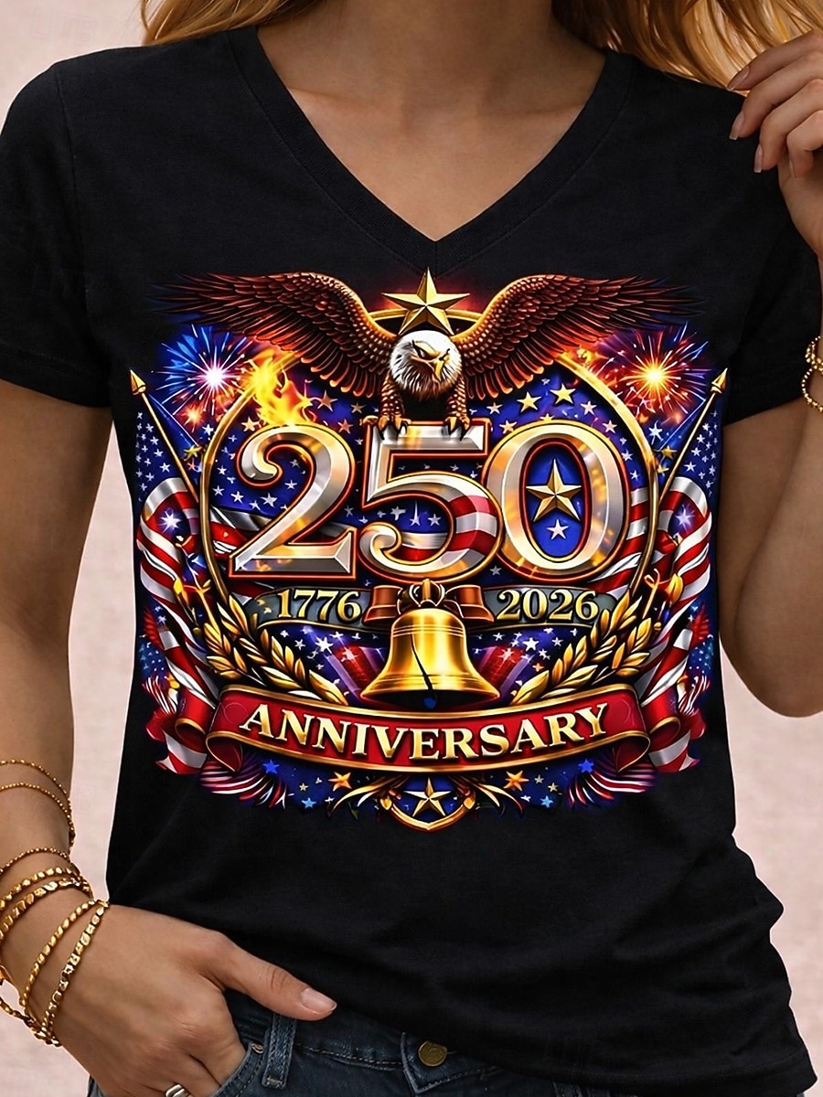 Uavhengighetsdagen Amerikansk Jubileum Patriotisk Dame T-skjorte Trykk Grafikk Flagg Vintage Stilig Klassisk Korte Ermer V-hals Vanlige topper Daglig Blå Sommer Vår 2026 - $21.99 –P5
