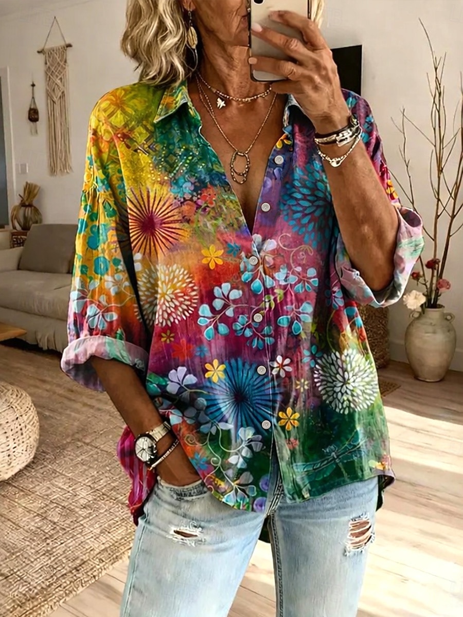 Per donna Camicia Finto cotone e lino Bottoni Stampato Floreale Grafico Sole Bohemien Vintage Elegante Manica Lunga Colletto a Camicia Top lunghi Quotidiano Ferie Arancione Estate Primavera Autunno del 2026 a $34.99 –P1
