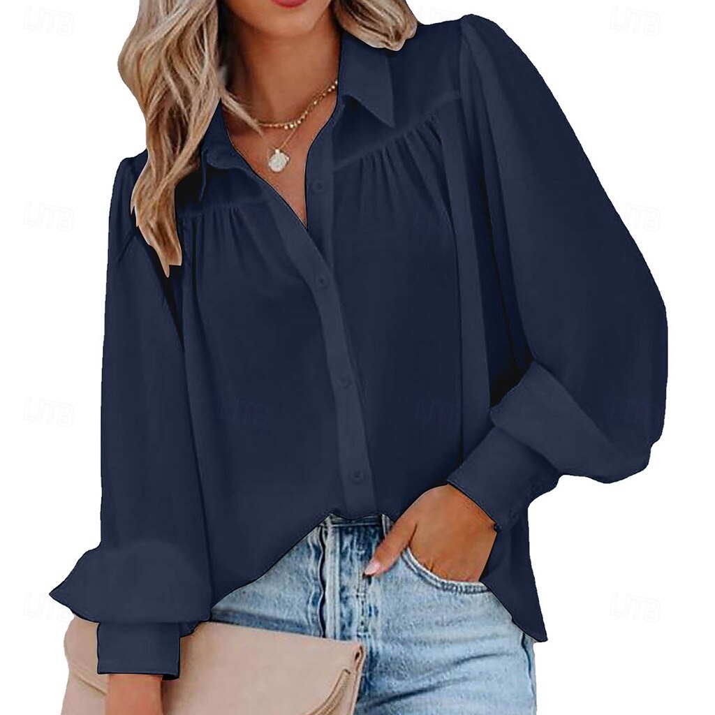 Mulheres Camisa Social Camisa casual camisa de botão Blusa Franzido Botões Côr Sólida Tecido Elegante Férias Moda Manga Longa Manga lanterna Aberto para a Lateral Tops regulares Diário Praia Feriado de 2026 por $21.99 –P7