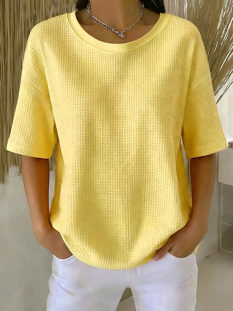 Жен. Вафельная рубашка Футболка Футболки Топы в вафельном вязании Сплошной цвет Классика Современное На каждый день С короткими рукавами Вырез под горло Обычные топы Повседневные Праздники На выход 2026 - $26.99 –P9
