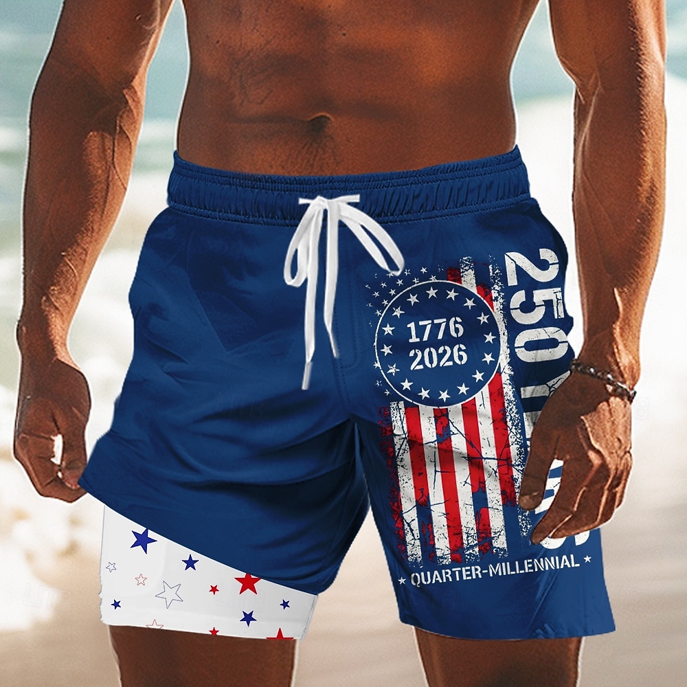 Per uomo 4 luglio, 250° anniversario degli Stati Uniti Bandiera degli Stati Uniti 1776 Pantaloncini foderati Pantaloncini da bagno 2 in 1 Pantaloncini da mare Misura del girovita medio Patriotico del 2026 a $22.99 –P3