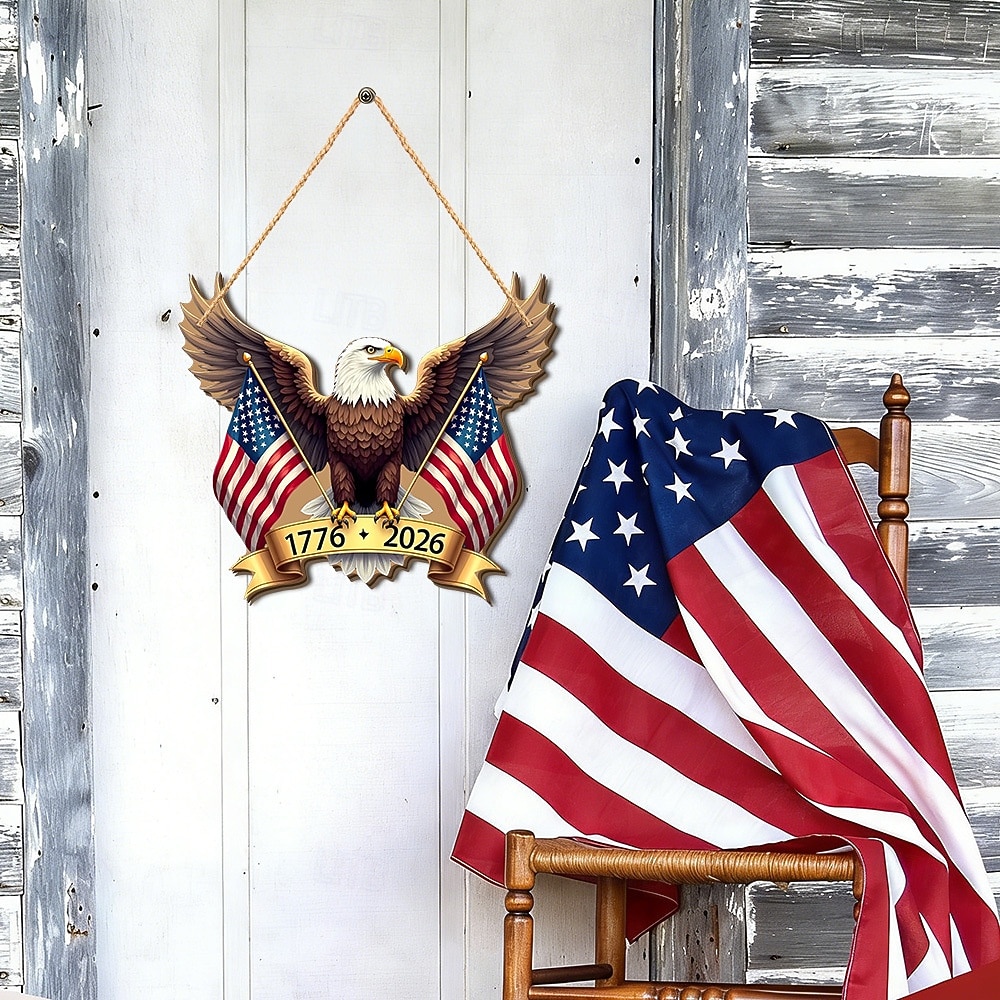 Letrero de madera para puerta conmemorativo del 250.º aniversario de la Independencia de Estados Unidos, estrellas blancas y rojas. &Decoración de la puerta principal con rayas blancas y lazo 2026 - $16.99 –P9