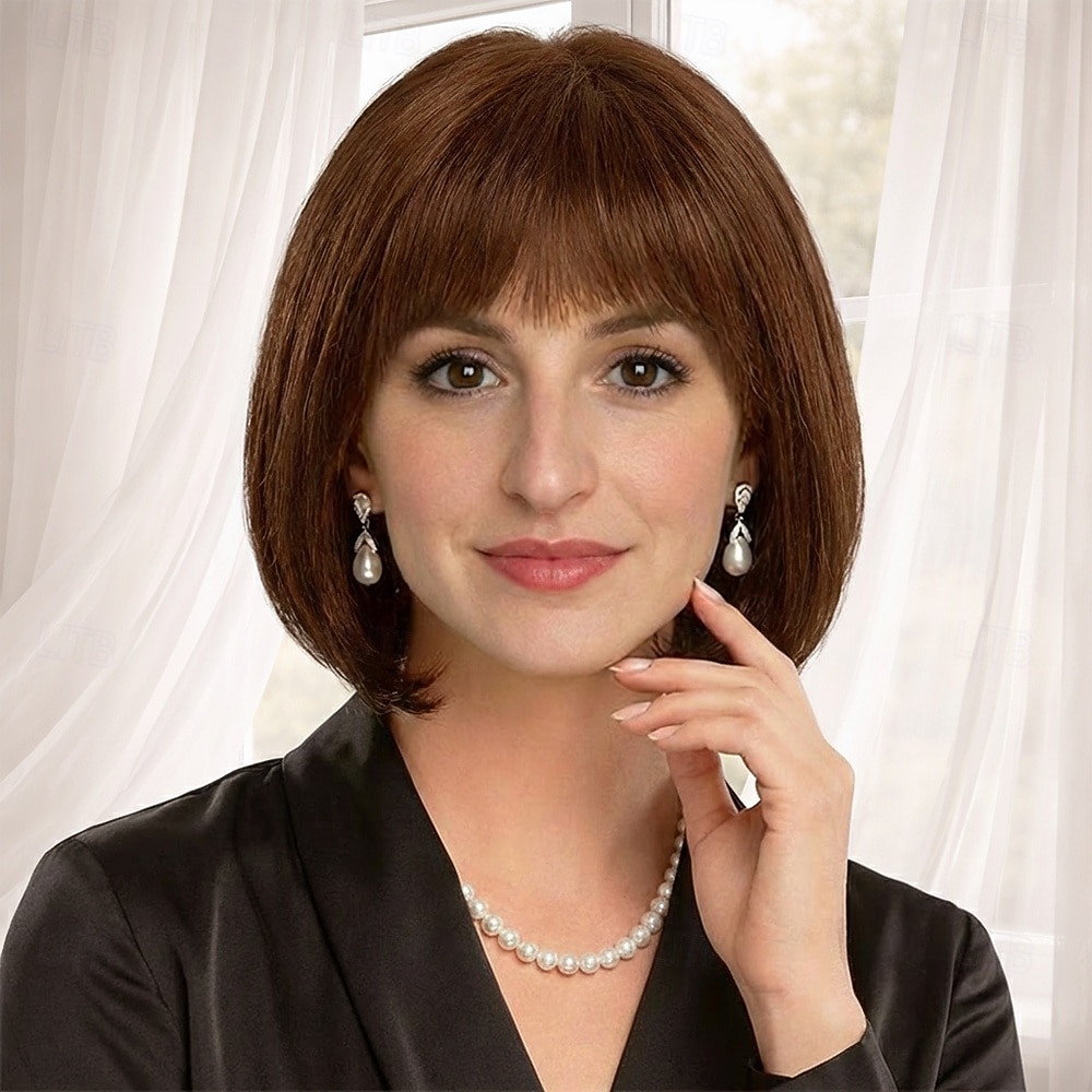 Элегантный парик-каре для женщин — гладкий темно-коричневый с естественной челкой. 2026 - $32.99 –P4