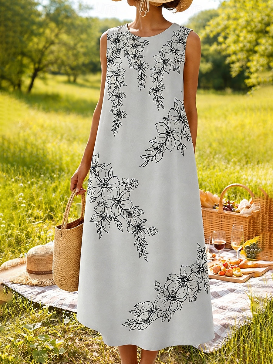 Women's Midi Dress Shift Dress Sundress A Line Dress Vacation Casual Boho Beach Party Regular Fit Floral Graphic Sleeveless Crew Neck Blue Yellow Pink Purple Summer Spring 2026 - $39.99 –P6