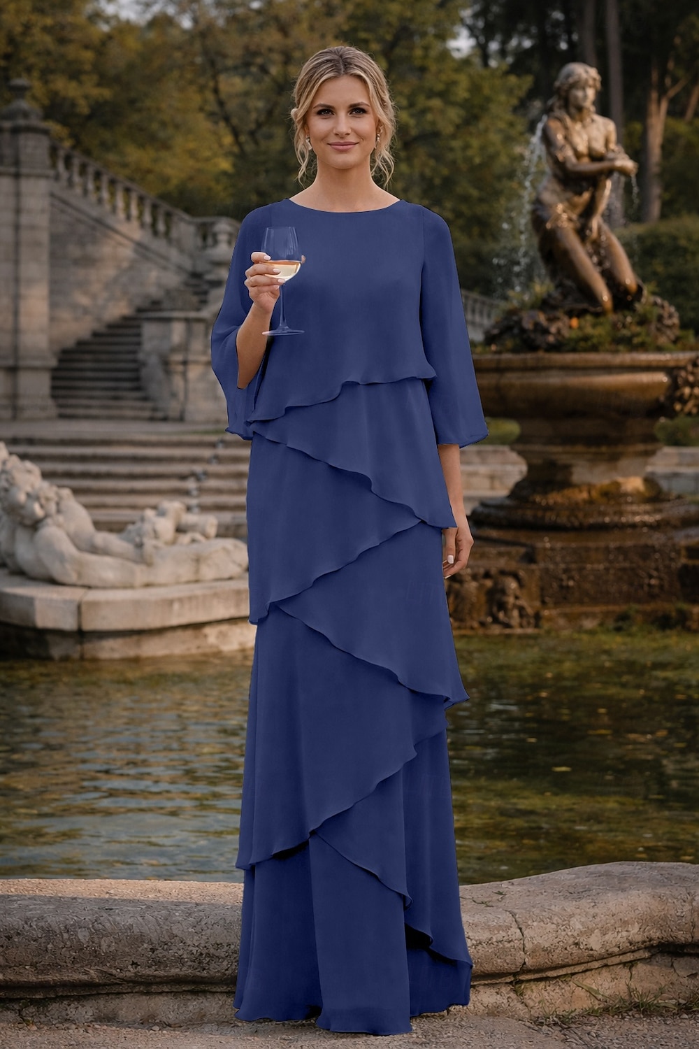 Schlauchkleid Bodenlang Kleid für Hochzeitsgäste Abendkleid Brautmutterkleid Dreiviertelarm Rundhalsausschnitt Elegant Formell Chiffon mit Rüschen 2026 - $89.99 –P16