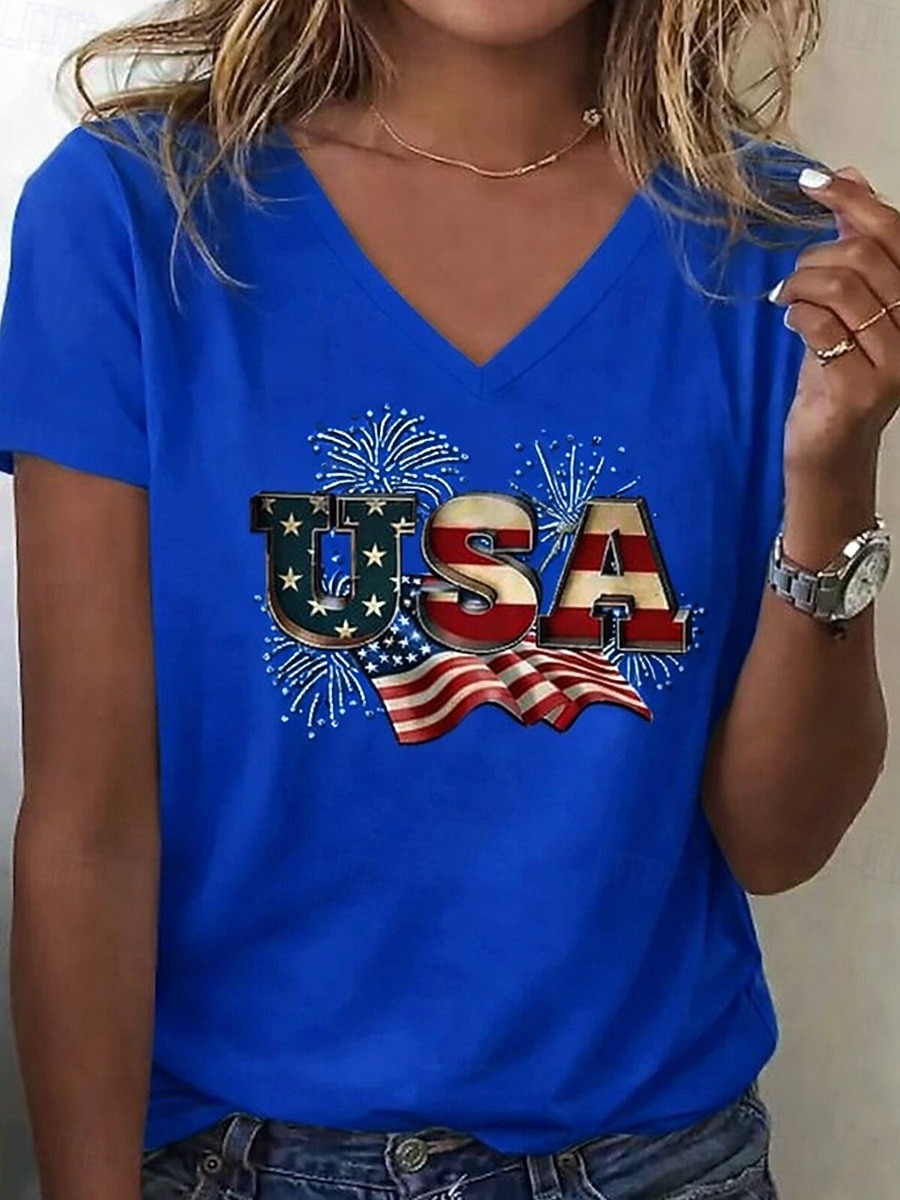 Ημέρα Αμερικανικής Ανεξαρτησίας Γυναικεία Μπλουζάκι Στάμπα Γραφική Σημαία Βίντατζ Στυλάτο Κλασσικό Κοντομάνικο Λαιμόκοψη V Κανονικά μπλουζάκια Καθημερινά Θαλασσί Μαύρο Λευκό Ρουμπίνι Καλοκαίρι Άνοιξη 2026 - $21.99 –P7