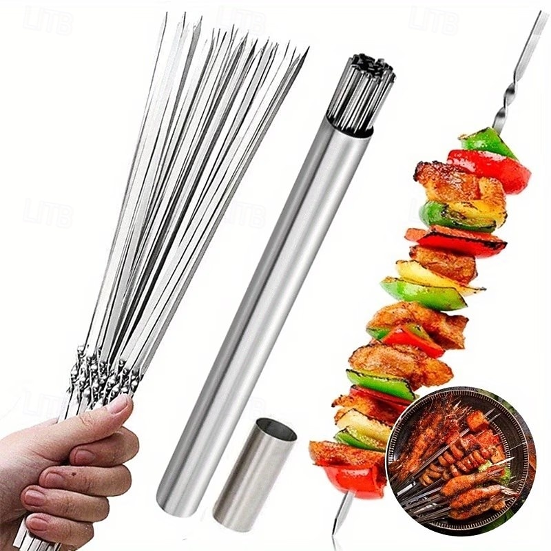 2026年 ステンレス製バーベキュー串51点セット（筒状の収納ラック付き）、再利用可能なグリル串、平型キャンプ用バーベキューフォーク、アウトドア調理器具、ピクニック用調理器具、バーベキューアクセサリー  コレクション – $19.99 –P1