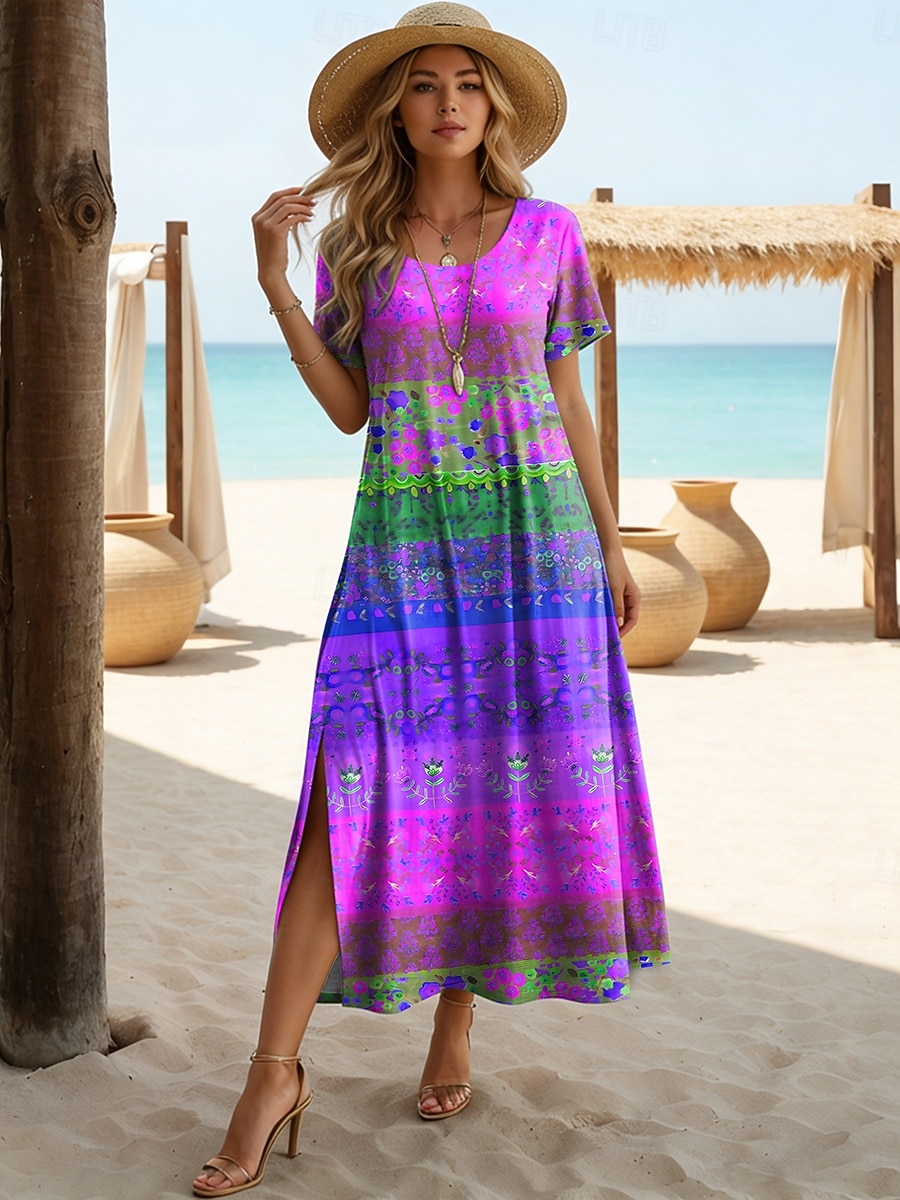 Femmes Robe Midi Robe trapèze Occasionnel Quotidien Plage Coupe Ample Graphique Géométrique Manche Courte Col ras du cou Bleu Violet Orange Vert Été Printemps de 2026 ? $25.99 –P4