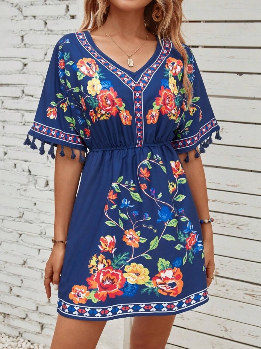 Dames Mini-jurk Boho-jurk Casual jurk Bloemetjesjurk Elegant Modieus Modern Buiten Vakantie Uitgaan Normale pasvorm Bloemig Korte mouw V-hals blauw Zwart Wit Zomer Lente 2026 - E£1924.54 –P12