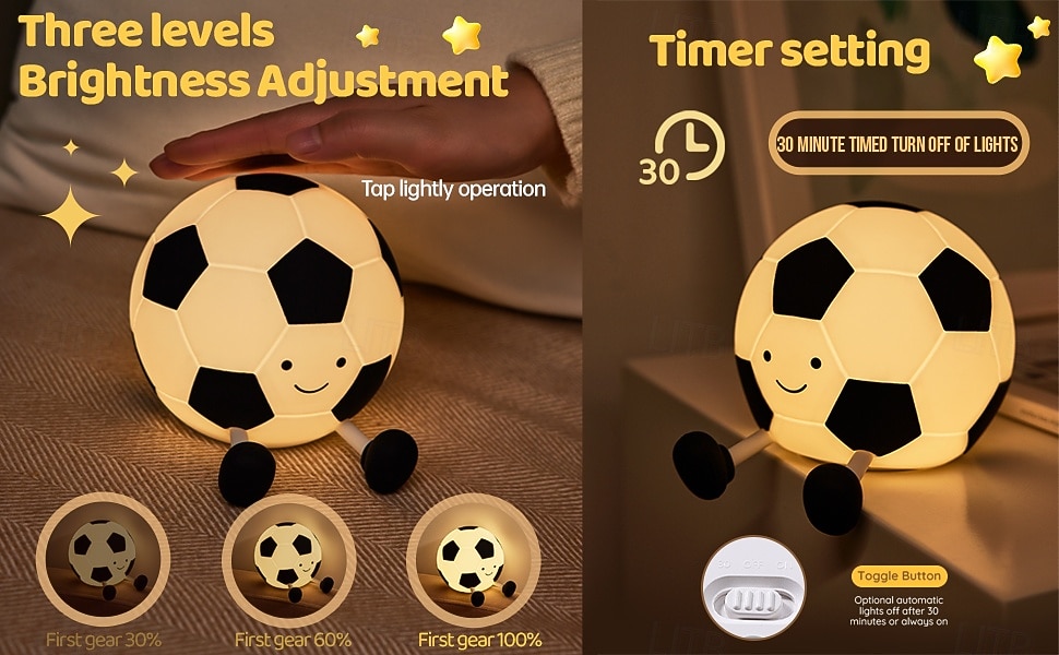 Soccer Soft Silicone Tap Light, Eye-Caring LED Lamp with 30-Minute Timer, 3 Adjustable Brightness Levels, USB Rechargeable Night Light for Bedroom, Bedside, Soccer Fan, Boys' Gift, Sports Decor 2026 - $17.99 –P3