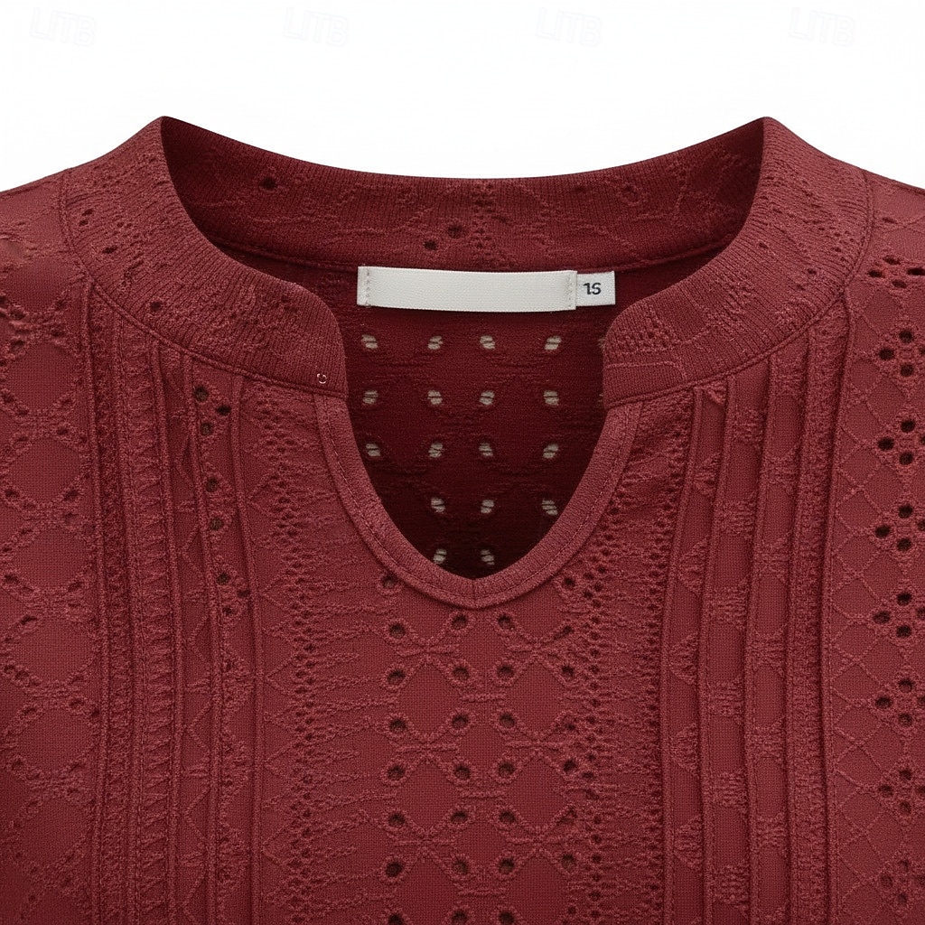 Dam Skjorta Pointelle-skjorta Ögonlock Blus Ögla Slät Stylish Klassisk Modern Kortärmad V-hals Vanliga toppar Ledigt Dagligen Strand Vit Vin Marinblå Ros rosa Sommar Vår 2026 - $24.99 –P3