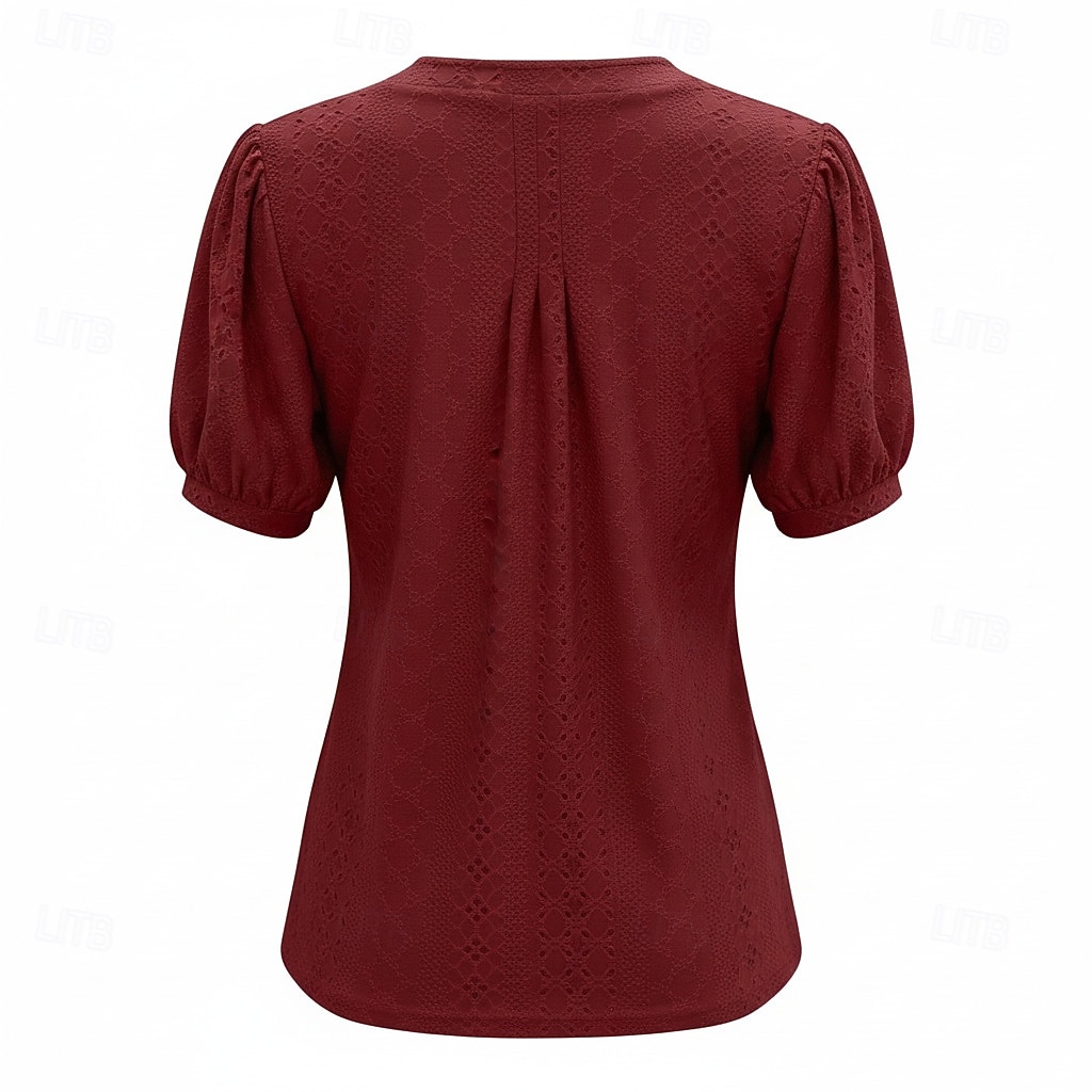Dam Skjorta Pointelle-skjorta Ögonlock Blus Ögla Slät Stylish Klassisk Modern Kortärmad V-hals Vanliga toppar Ledigt Dagligen Strand Vit Vin Marinblå Ros rosa Sommar Vår 2026 - $24.99 –P2