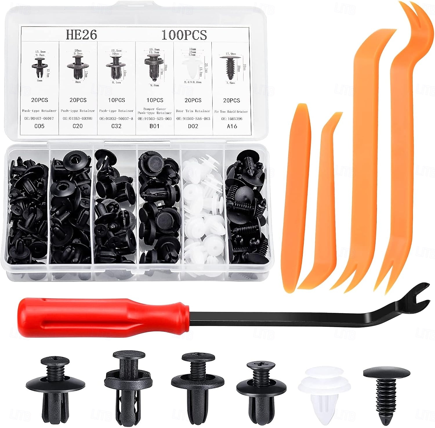 100pcs Car Bumper Retainer Clips Set Car Fastener Box Set Push-Type Retainer Clips, Bumper Nylon Rivets of Most Popular Sizes and Fastener Removers for Most Models 2026 - Kč185 –P1