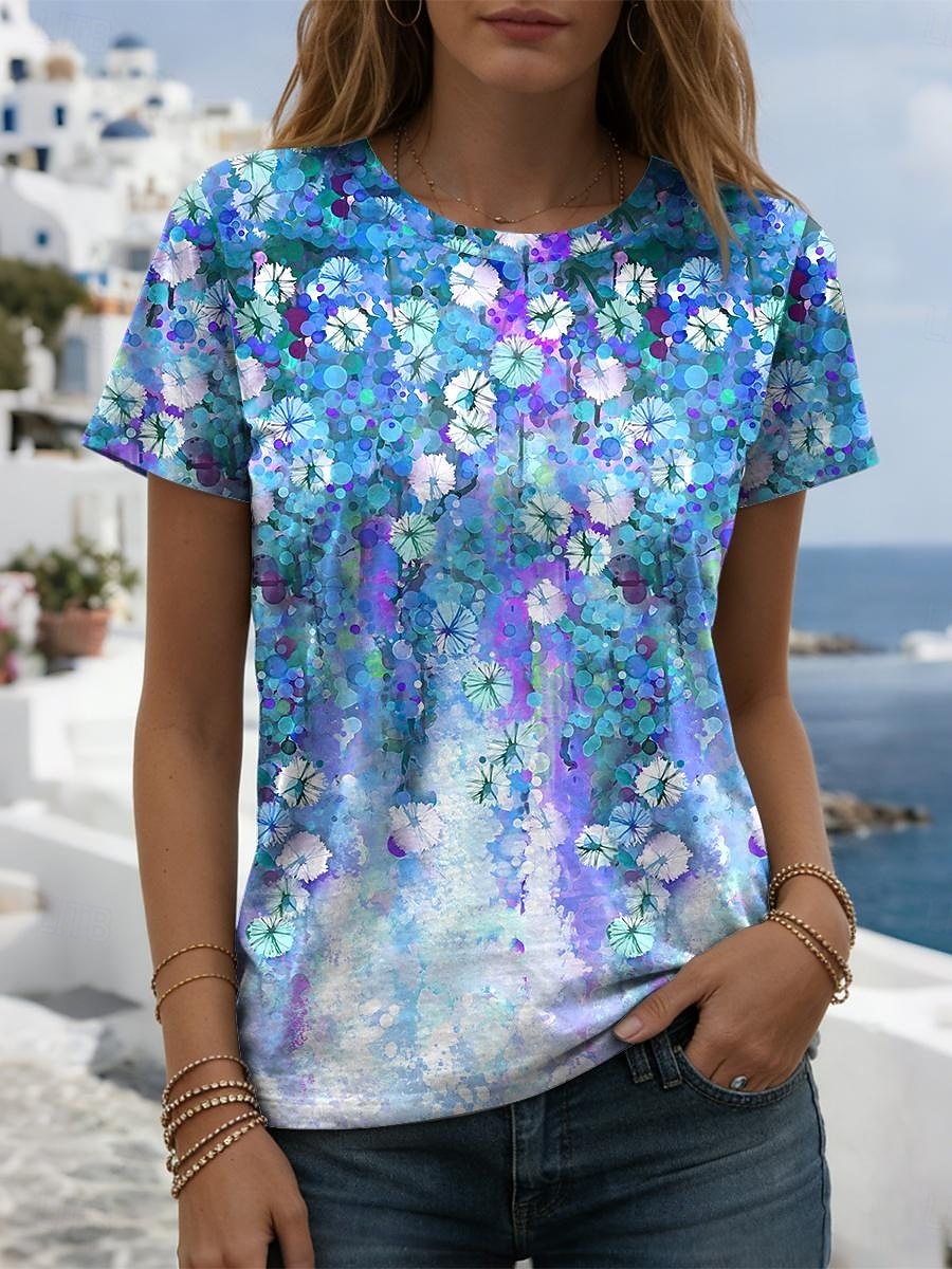 Women's T Shirt Print Graphic Plants Stylish Classic Casual Short Sleeve Crew Neck Regular Tops Daily Blue Yellow Purple Green Summer Spring 2026 - $21.99 –P4