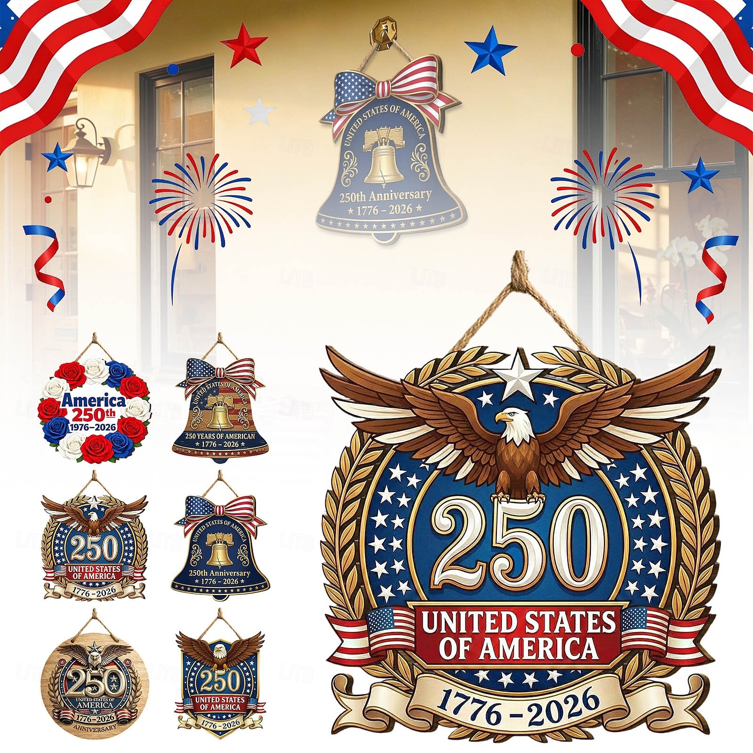 Dřevěná cedule k 250. výročí Spojených států, vlastenecká dekorace na zavěšení dveří ke Dni nezávislosti, nástěnná plaketa s americkou vlajkou na farmě, dekorace na verandu domu ke Dni nezávislosti 4. 2026 - $13.99 –P1