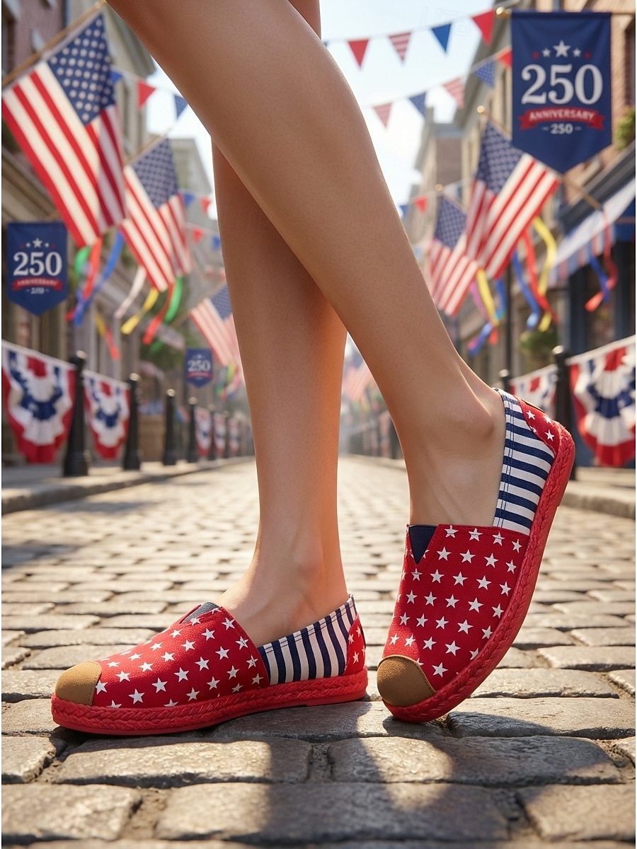 Scarpe basse patriottiche da donna USA 250 - comode scarpe in maglia a righe blu e bianche con dettaglio a stella per il giorno dell'indipendenza americana e le parate. &abbigliamento per le vacanze del 2026 a $19.99 –P2