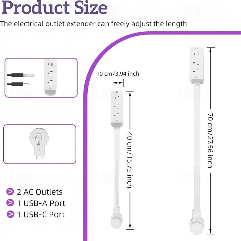 Prelungitor cu ștecher plat și USB C, prelungitor cu braț pivotant pentru a fi montat în spatele mobilei, stație de încărcare ultrasubțire cu 3 prize AC &porturi USB, cablu subțire pentru noptieră, 2026 - $41.99 –P8