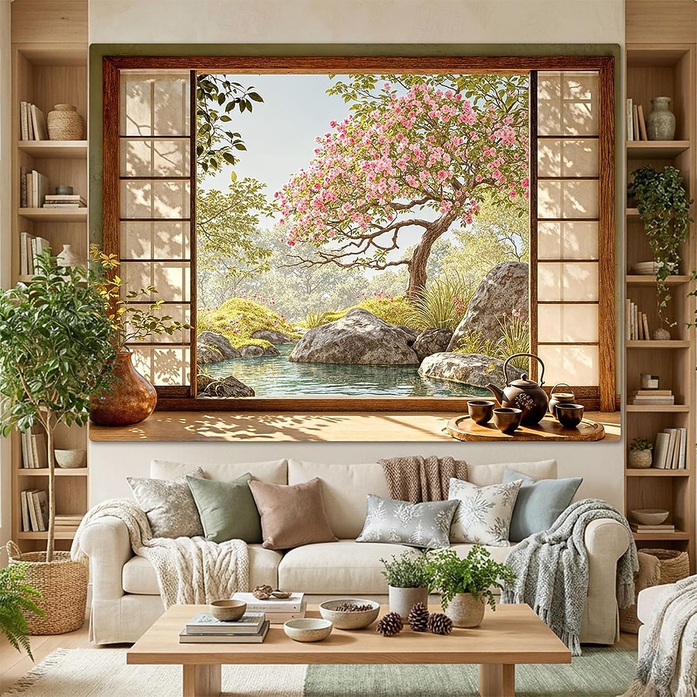 3D Zen Garden Window View Wall Tapestry Cherry Blossoms Sakura Pond Rocks Shoji Screen Tea Set Home Decor Living Room Bedroom Backdrop Office Mural Art 2026 - $19.99 –P1