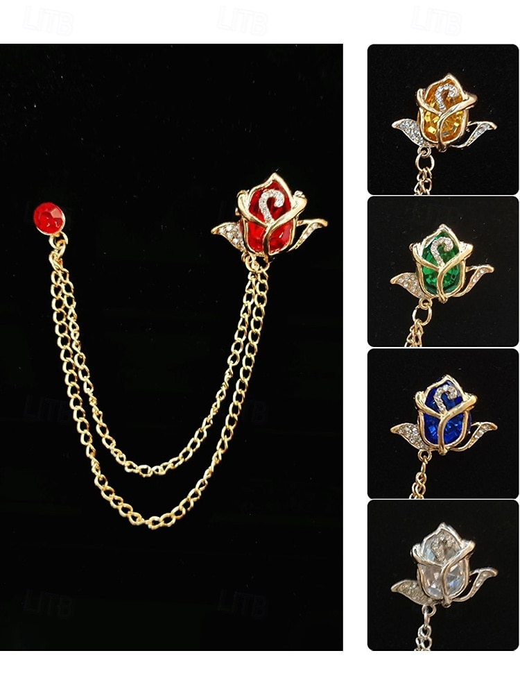 Spilla da bavero da uomo in lega con rosa e catena, accessorio per abiti da sposa e da festa, vari colori, elegante spilla floreale per occasioni formali del 2026 a $11.99 –P5