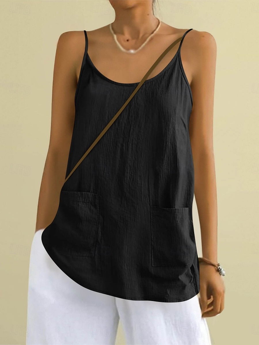 Regata feminina com bolso, lisa, moderna, elegante, clássica, sem mangas, gola redonda, ideal para uso diário, passeios e fins de semana. Cores: azul, preta, branca, amarela, rosa. Verão e primavera. de 2026 por $18.49 –P2