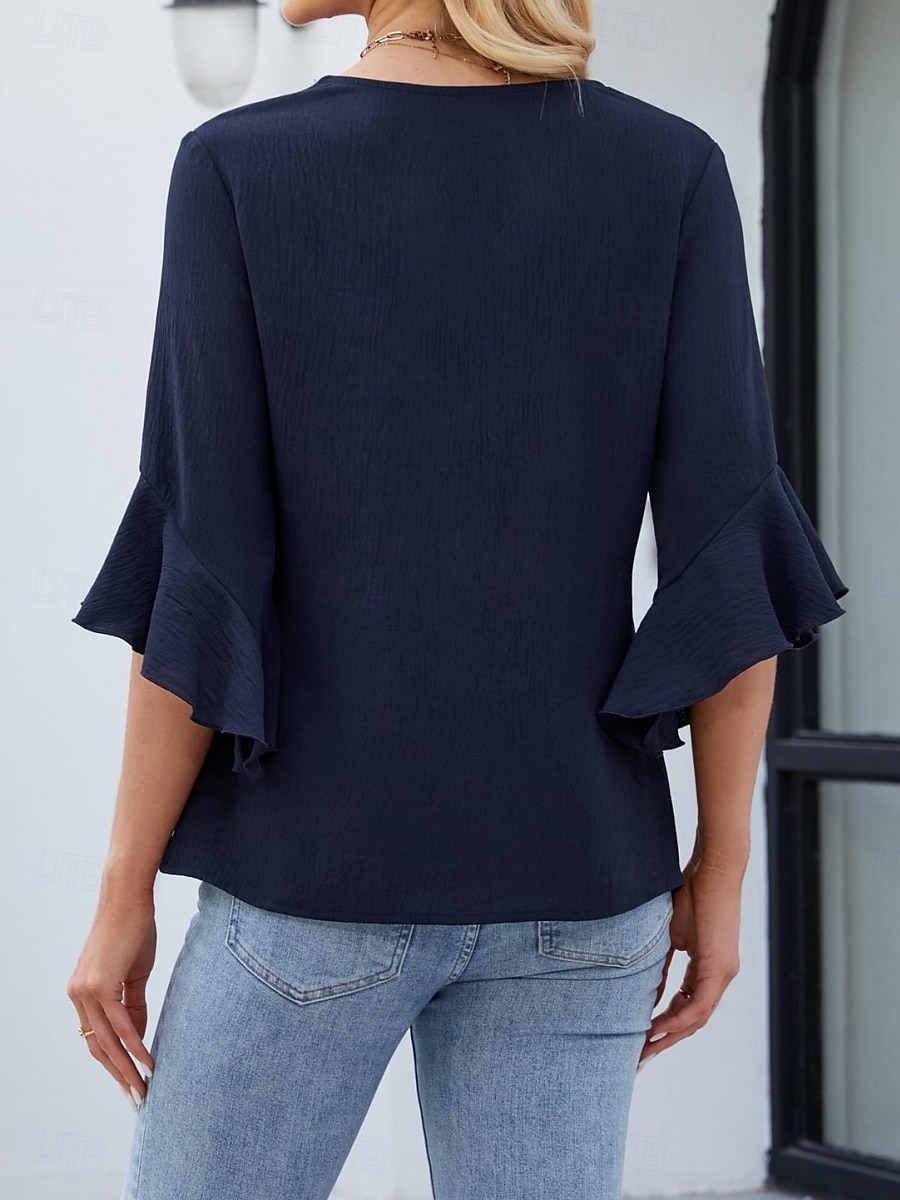 Per donna Camicia Blusa Top in chiffon Volant Semplice Elegante Classico Moderno Manica 3/4 Scollo a V Top Regolari Quotidiano Ferie Uscire Nero Bianco Verde Azzurro Estate Primavera del 2026 a $27.99 –P14